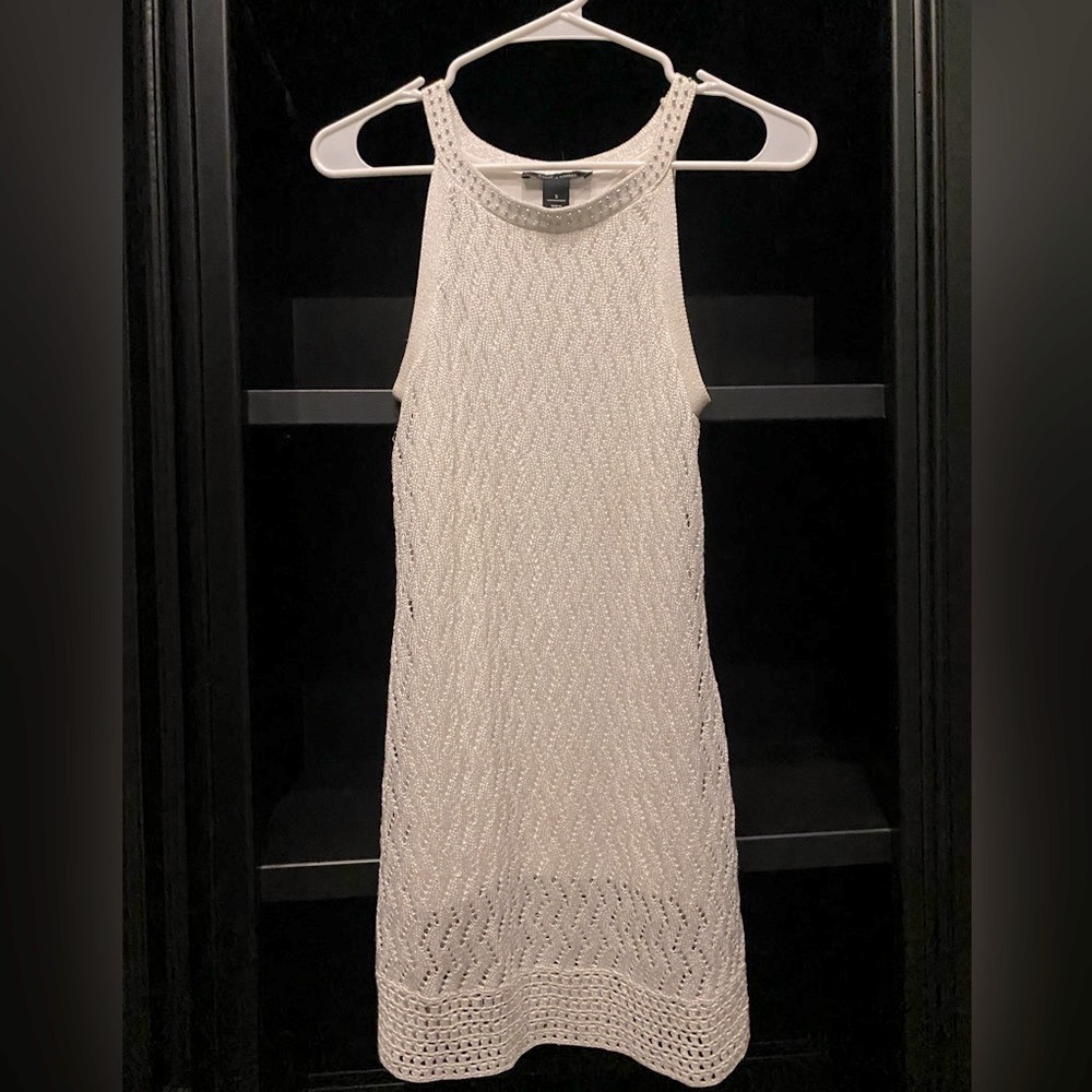 White House Black Market white crocheted knit tunic top S